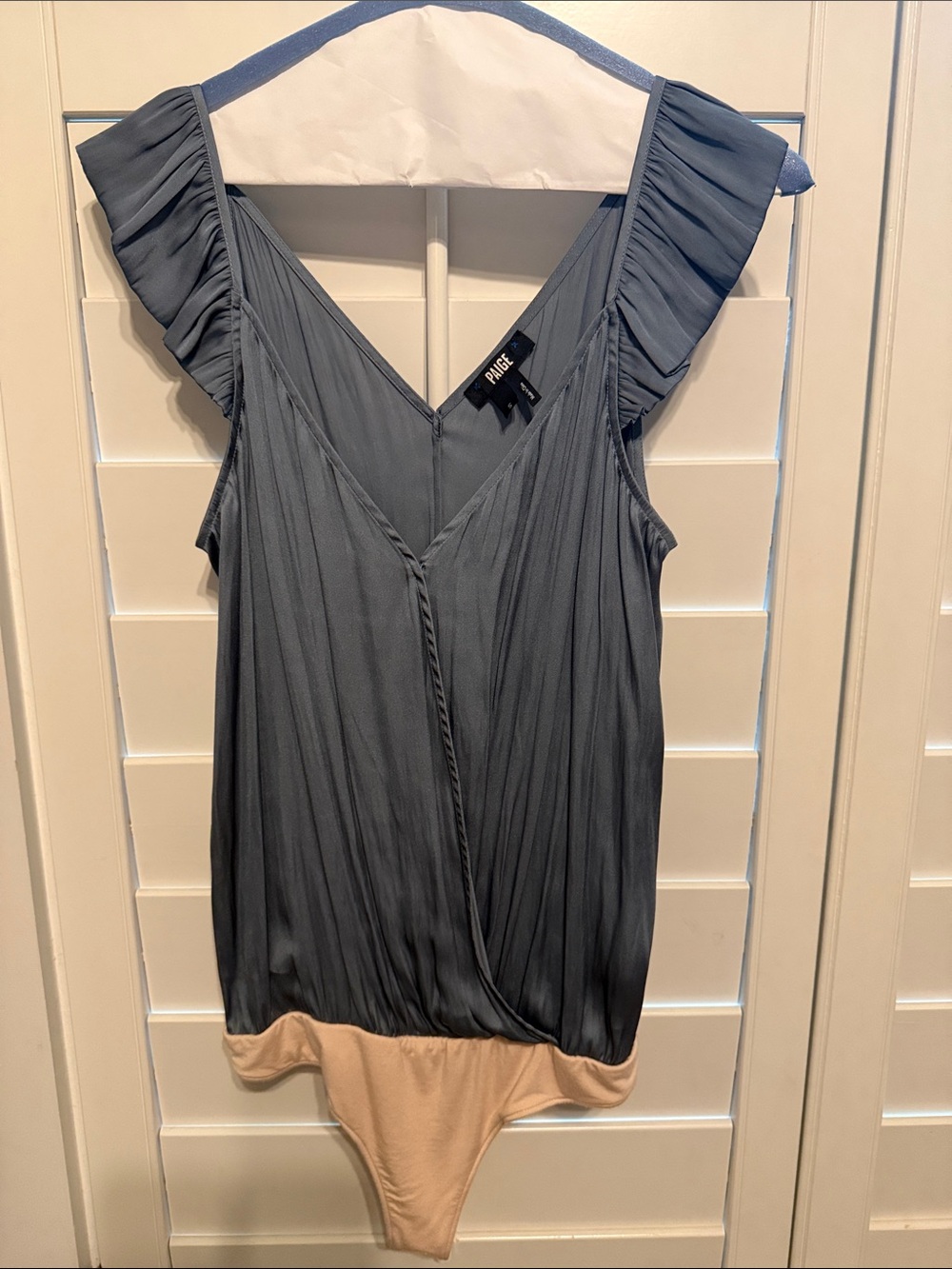 PAIGE Slate Blue Pleated Ruffle-Sleeve Bodysuit